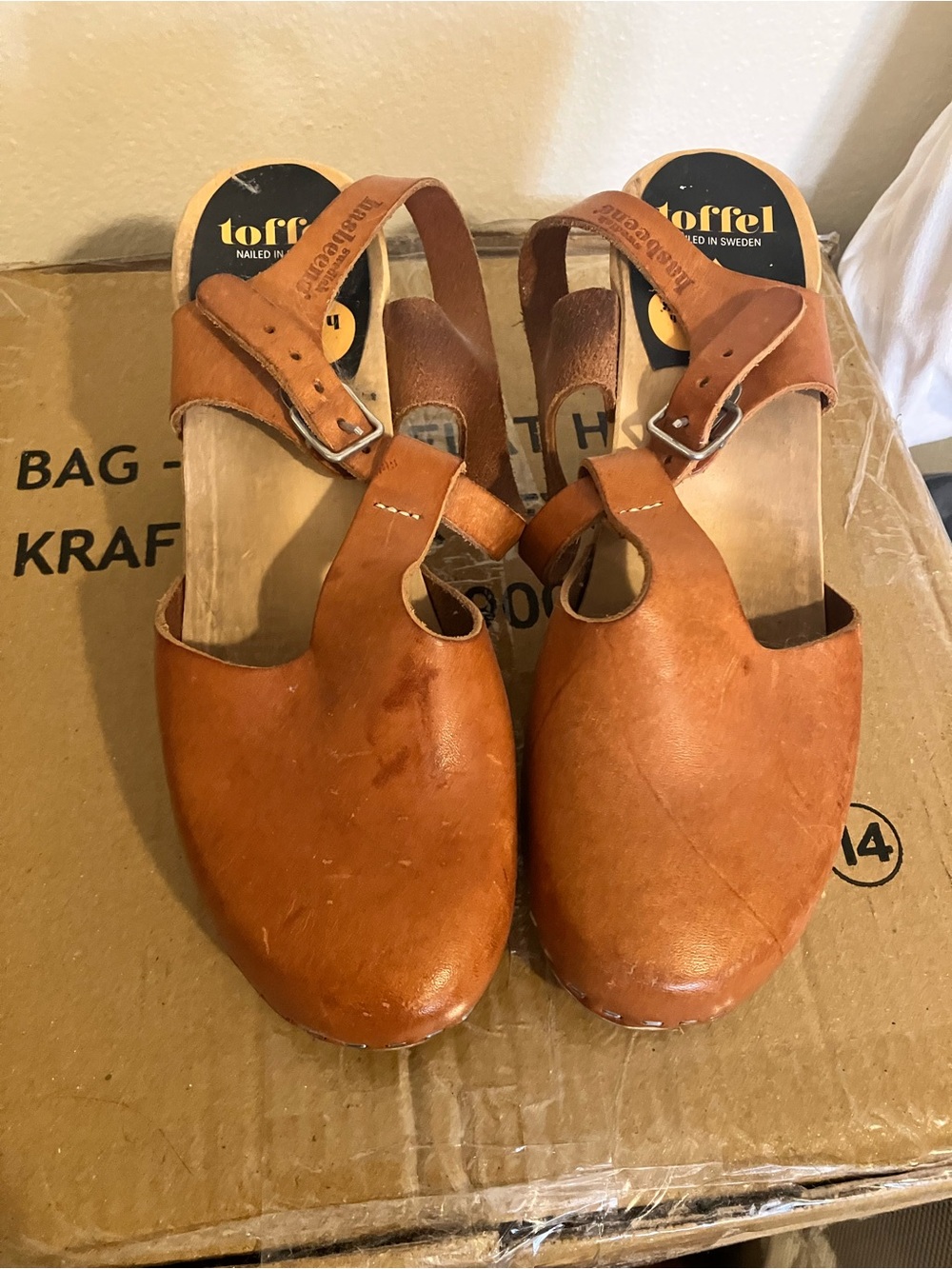 Swedish Hasbeens Leather Tan Clogs with Adjustable T-Strap